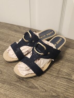 Anne Klein Navy Slide Sandals with Gold Buckle Size 6